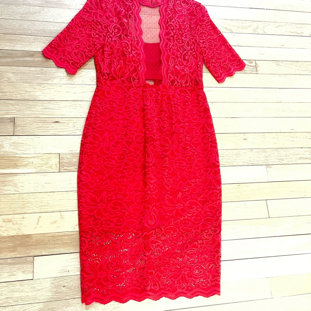 Express Red Midi Sheath Dress with 3/4 Sleeves and V-Neck for Cocktail - Picture 2 of 3